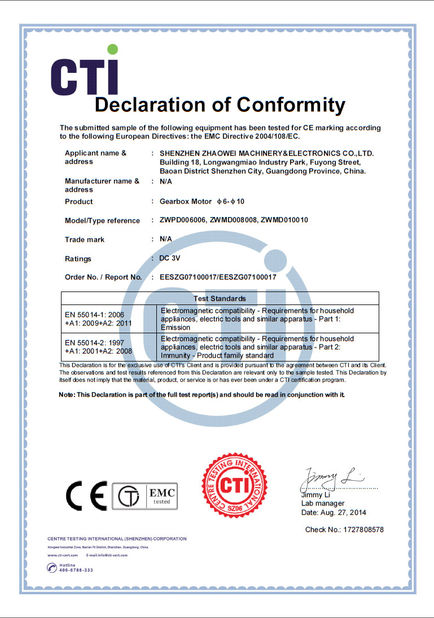 China Shenzhen ZhaoWei Machinery &amp; Electronics Co. Ltd. certification
